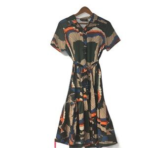 Stella Marina Woman's small geo print boho short sleeve belted midi button down